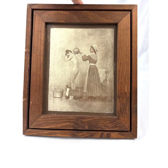 Vintage Sepia “Americana Woman Bathing” Print R. Hendrickson in Oak Wood Frame - Picture 7 of 11